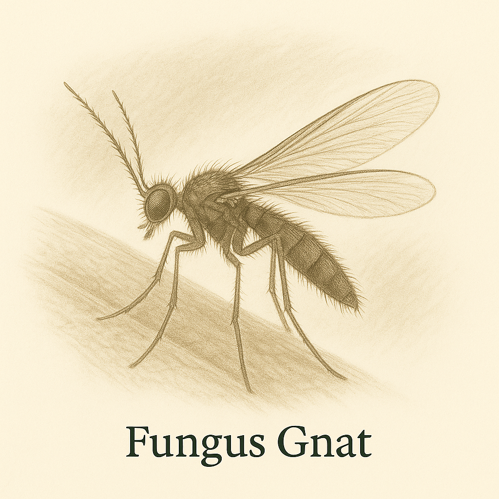 British houseplant pests including aphids, fungus gnats, spider mites and scale – illustrated on houseplants in a natural setting