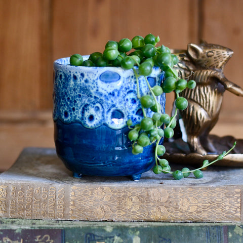 Sapphire Reactive Planter with Feet | 7cm Plant Pot | Ceramic Designer Baby Plant Pot